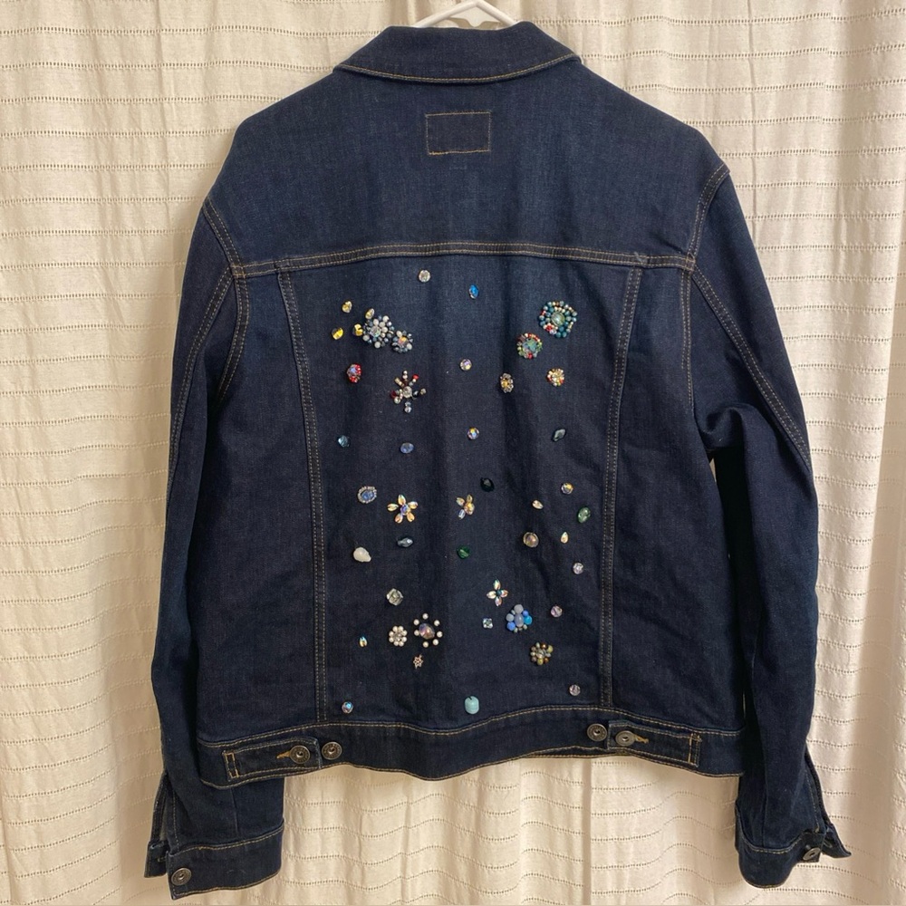 goodfellow denim jacket Large Beaded Upcycled Dark Wash Sparkle Unique